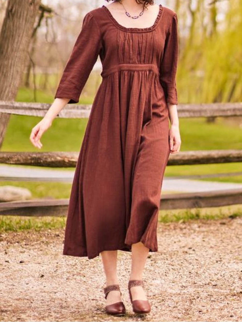 April Cornell Jane Austen Cotton Midi Dress Brown Cottagecore Countryside Large